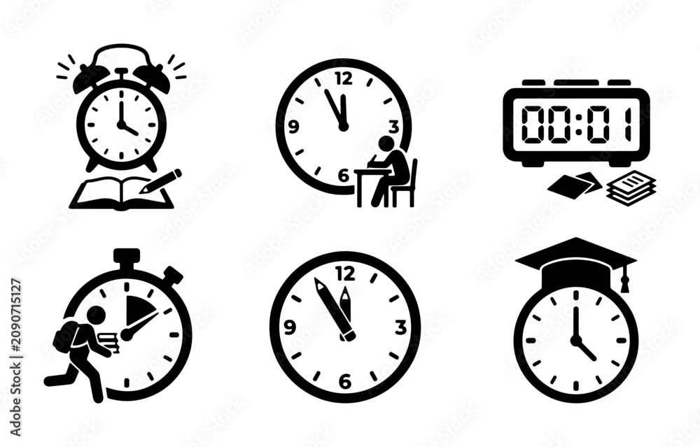 Fototapeta premium Time Management Icons: Study, Deadline, Stopwatch, Graduation Clock, Alarm Clock, Digital Timer