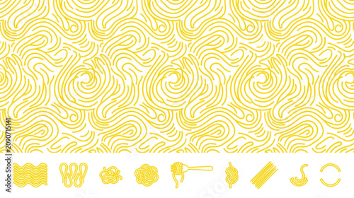 Bild auf Leinwand Yellow noodle seamless pattern and assorted pasta food icons