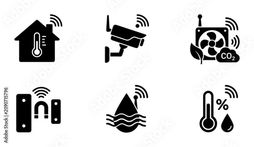 Foto Smart Home Icons: Thermometer, Security Camera, Air Quality, Sensor, Water Level