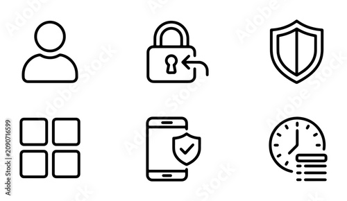 Security and Privacy Icons: User, Lock, Shield, App Grid, Mobile Protection, Time Management