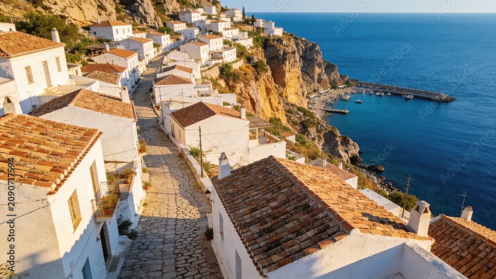 Naklejka premium A sunlit Greek island village with narrow cobblestone streets winding between whitewashed houses with terracotta roofs perched dramatically above a deep blue harbor.