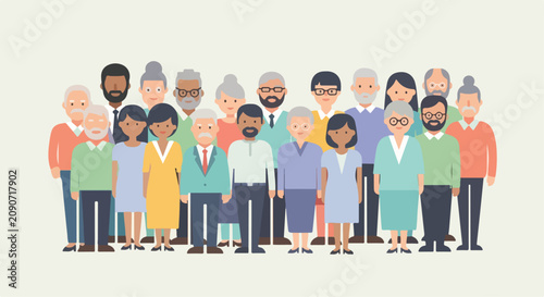Diverse elderly community group vector illustration, senior citizens crowd standing together, multicultural retired people collection in flat style