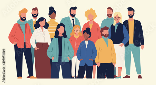 Diverse group of people standing together, multicultural community of men and women in flat vector style, professional team and social crowd illustration