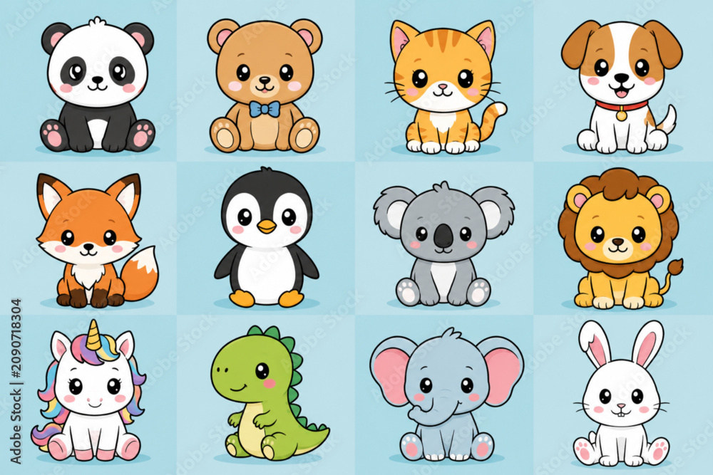 Obraz premium This charming image features a collection of twelve adorable, stylized cartoon animals arranged in a grid. The set includes a panda, bear, cat, dog, fox, penguin, koala, lion, unicorn, dinosaur, 
