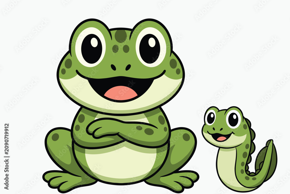 Fototapeta premium Playful cartoon illustration showing a large green adult frog standing with crossed arms beside a small smiling young tadpole frog.