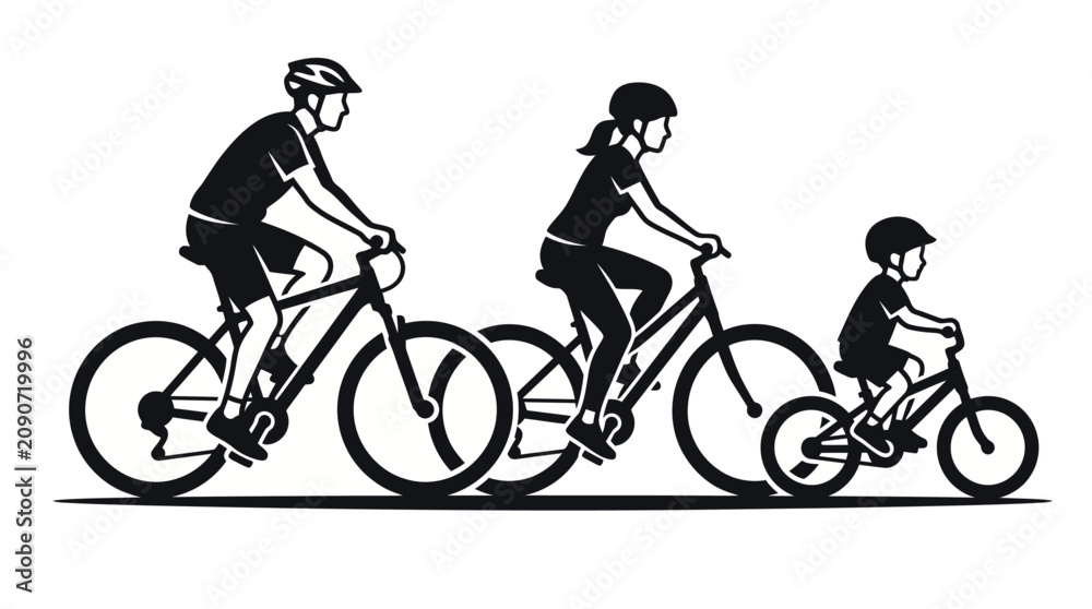 Obraz premium Family cycling, bicycle riders, parent child bike ride, black silhouette icons