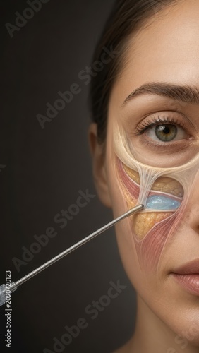 Close up medical illustration of facial anatomy with injection needle targeting under eye area skin and tissue