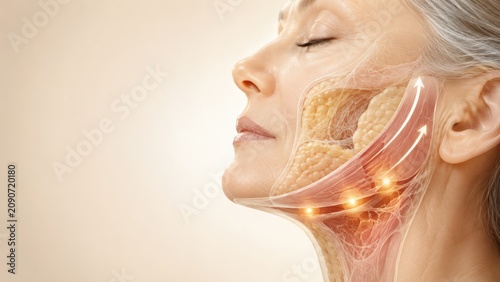 Mature woman skin anatomy side view showing facial muscle structure and fat tissue with glow effect