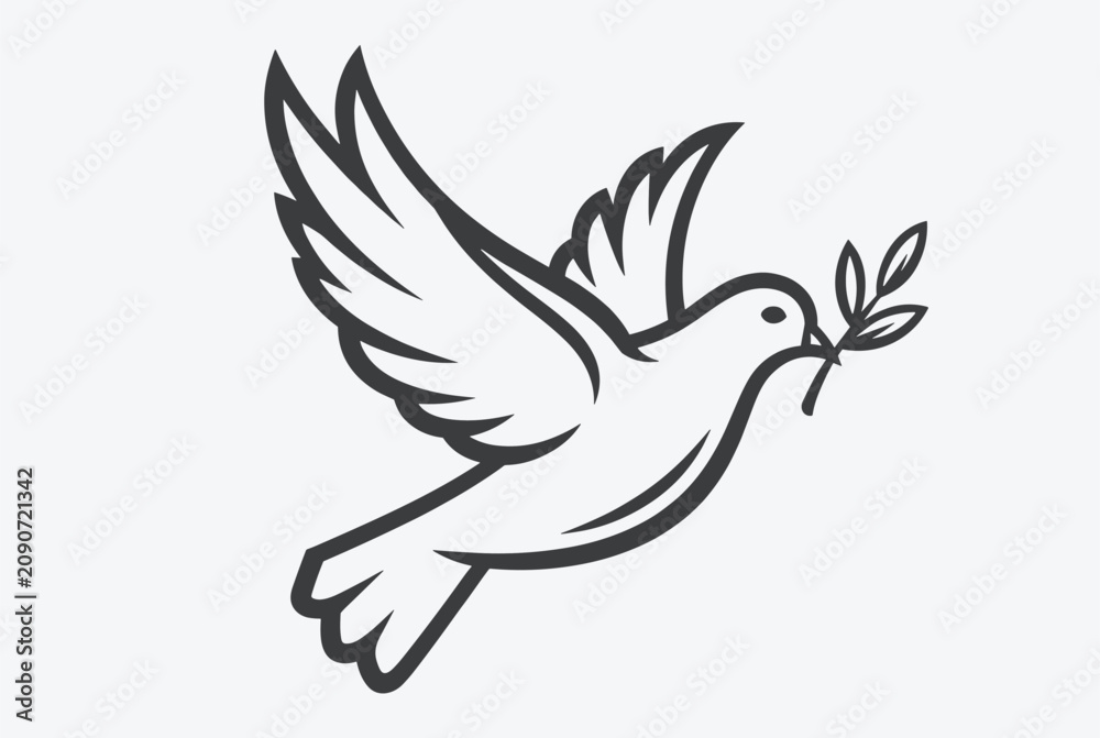 Fototapeta premium Simple black line drawing of flying peace dove with olive branch in its beak on plain white background for icon.