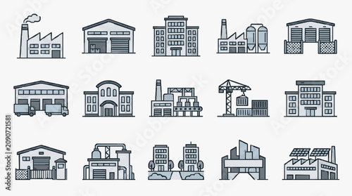 Dynamic Collection of Monochromatic Industrial and Commercial Building Icons for Design and Projects