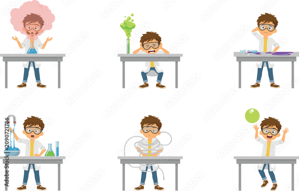 Fototapeta premium Funny Mad Scientist Boy Character Vector Set Doing Chemistry Experiments Failures Disasters and Messy Explosions in School Laboratory for Kids Education