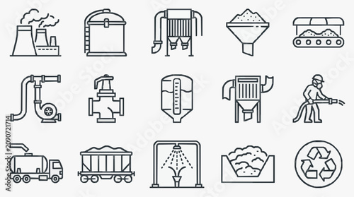 Professional Black and White Line Icons Set Featuring Industrial Equipment Recycling and Material Processing