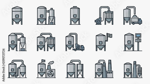 Modern Gray Scale Illustrated Icons of Industrial Grain Processing and Brewing Equipment Set with high quality professional line art symbols for modern creative design and digital branding projects