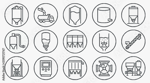 Industrial Black and White Line Icons Set Featuring Brewery and Grain Processing Equipment with high quality professional line art symbols for modern creative design and digital branding projects
