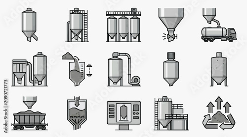 Modern Industrial Equipment Icons Showcasing Bulk Material Processing and Transportation in Monochrome