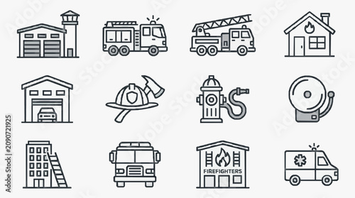Corporate Fire Safety and Emergency Services Icons Set Black and White Line Art Illustrations with high quality professional line art symbols for modern creative design and digital branding projects