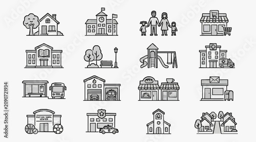 Modern Black and White Line Set of Community and Urban Life Icons Featuring Homes Schools Shops and Services