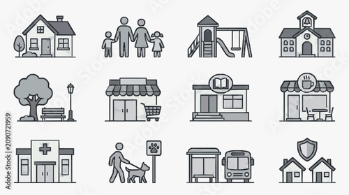 Clean Minimalist Black and White Line Icons Set of Community and Lifestyle Illustrations with high quality professional line art symbols for modern creative design and digital branding projects
