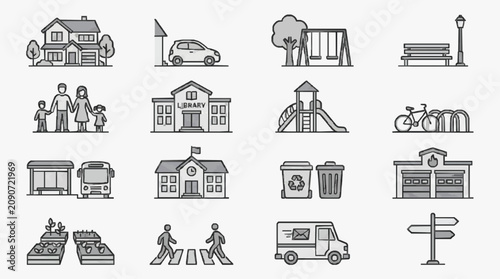 Sleek Monochrome Line Icons Set Featuring Community Transportation and Lifestyle Elements with high quality professional line art symbols for modern creative design and digital branding projects