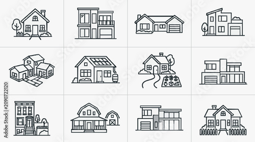 Clean Minimalist Line Drawing Icons of Various Modern and Traditional House Styles in Black and White