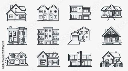 Creative Black and White Line Drawing Set of Diverse Modern and Traditional House Styles for Real Estate Architecture or Design Projects