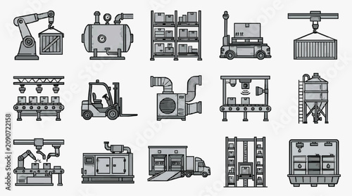 Elegant Monochromatic Line Drawing Set of Industrial Machinery and Warehouse Equipment Icons with high quality professional line art symbols for modern creative design and digital branding projects