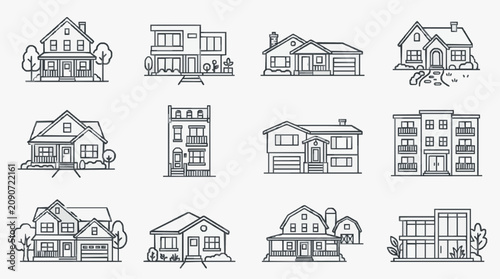 Clean Minimalist Black and White Line Drawing Set of 12 Distinct House Styles for Real Estate Architecture or Design Projects