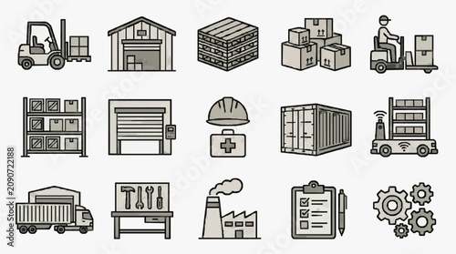 Industrial Logistics and Warehouse Operations Illustrated with Monochromatic Line Icons with high quality professional line art symbols for modern creative design and digital branding projects