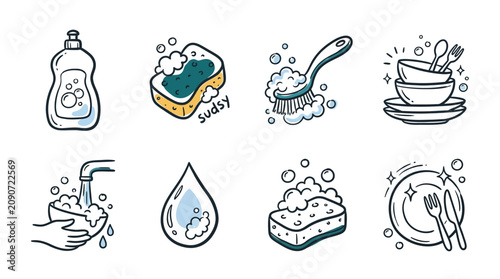 Household cleaning supplies and dishwashing icons and illustrations