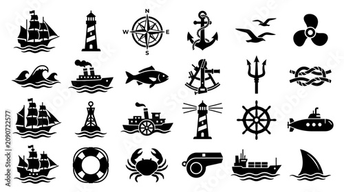 Tableau sur toile Nautical Icons Collection: Ships, Lighthouses, Anchors, and Marine Symbols