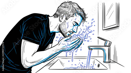 Foto Man Washing Face in Sink with Splashing Water, Morning Routine, Skincare