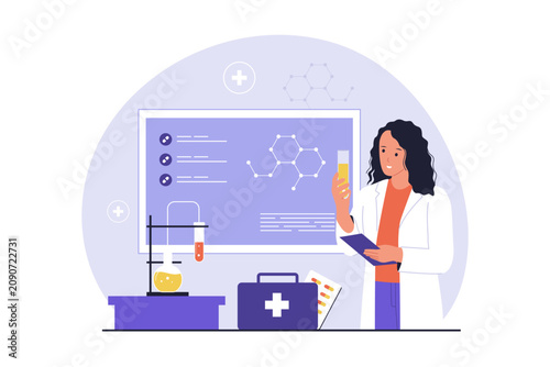 Female Chemist Analyzing Medical Laboratory Liquid. A female chemist holding a test tube with yellow fluid while auditing molecular formulas on a digital board screen in a clinic laboratory