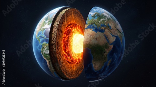 Planet Earth split open in space revealing a detailed cross section of its glowing hot inner core and mantle.