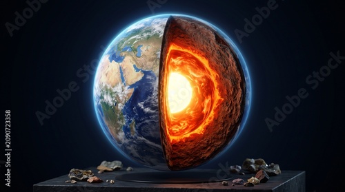 Cross section model of planet Earth on a dark pedestal showing the glowing bright hot inner core and mantle layers.