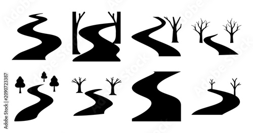 Black minimalist road and path icons set - Sleek black minimalist icons showing winding roads, paths, and tracks in various styles for modern design projects.