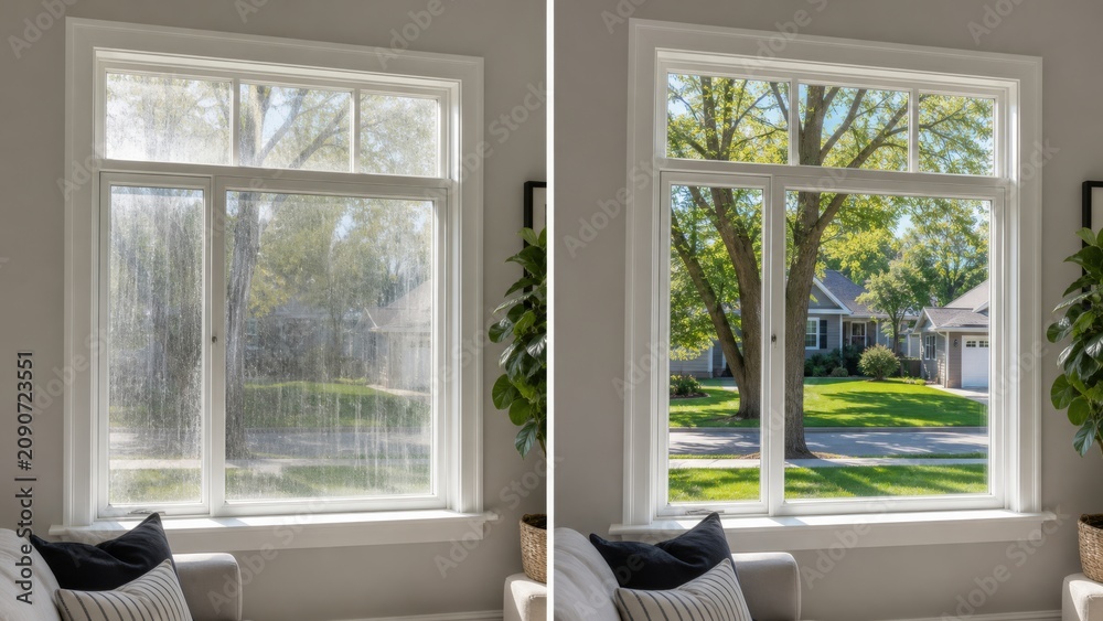 Fototapeta premium Streaky and crystal clear window glass comparison with bright daylight