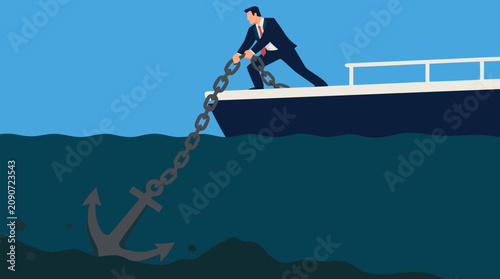 Determined businessman in suit pulling heavy anchor chain from deep ocean water, corporate struggle and perseverance metaphor, overcoming burdens and navigating challenges in business leadership.