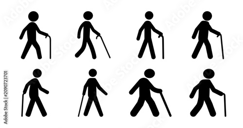 Elderly people walking with canes icon set - Simple black and white vector icons showing elderly individuals using canes in various walking poses for medical or accessibility themes.