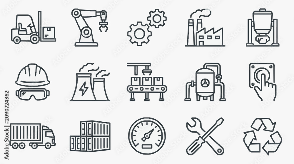 Fototapeta premium Creative Black and White Line Icons Set Featuring Industrial Machinery Safety Gear Logistics and Recycling Symbols