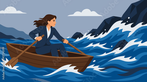 Determined businesswoman rowing boat against powerful waves, resilient female professional overcoming adversity, corporate challenge metaphor, ambitious woman leadership vector illustration
