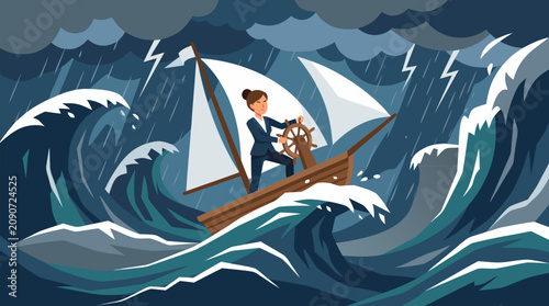 Brave businesswoman steering a tiny wooden ship through towering stormy ocean waves under lightning and rain, dramatic flat vector metaphor for leadership, resilience, risk management and courage