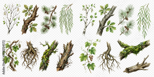 Foto Set of diverse tree branches, roots, and vines, including oak, pine, willow, and grape, on a transparent background