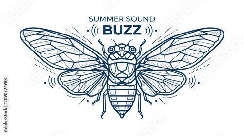 Fotografía Stylized cicada insect with geometric wings and summer sound text