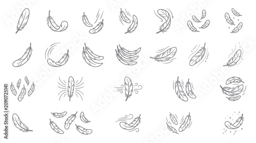 Bild auf Leinwand Collection of hand drawn floating feathers and quill plumes
