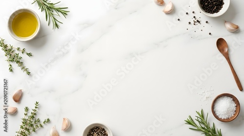 Professional marble kitchen background with olive oil herbs and spices for food design.