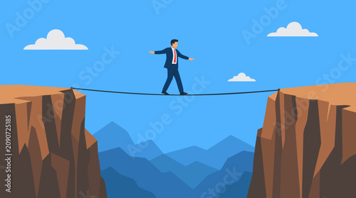 Businessman balancing on a narrow tightrope above a vast canyon, symbolizing risk management, leadership courage, career challenge and strategic decision making in bold vector style