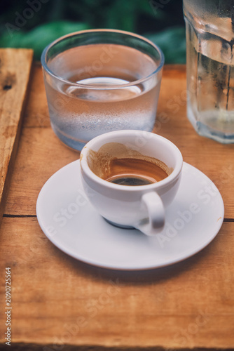 Empty cup of Coffee and Glasses of Water