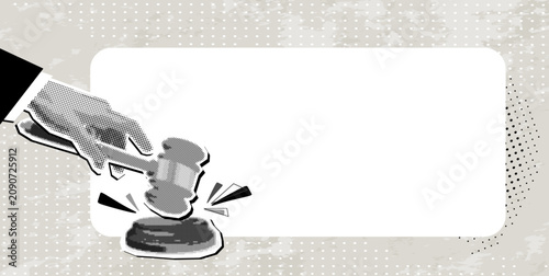 Foto Trendy Halftone Collage Hand strikes judge's gavel with a frame for your text