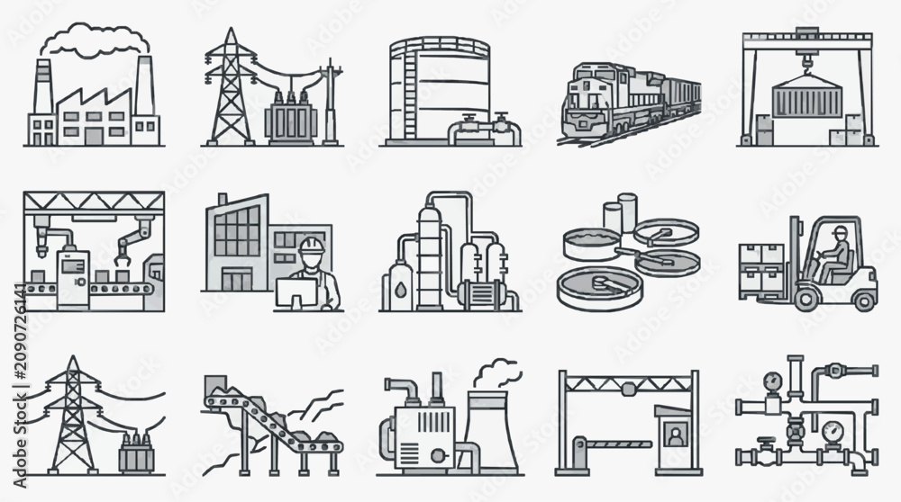 Obraz premium Clean Black and White Line Drawing Icons Set of Industrial and Manufacturing Equipment and Facilities