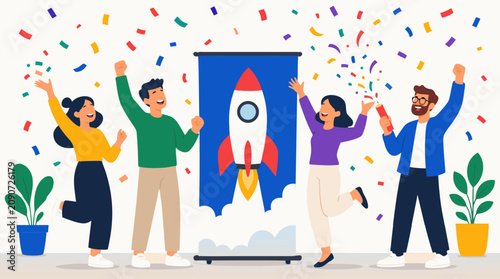 Joyful startup team celebrating product launch with confetti, rocket banner, diverse coworkers cheering in modern office, vibrant vector illustration of success, teamwork, innovation and growth